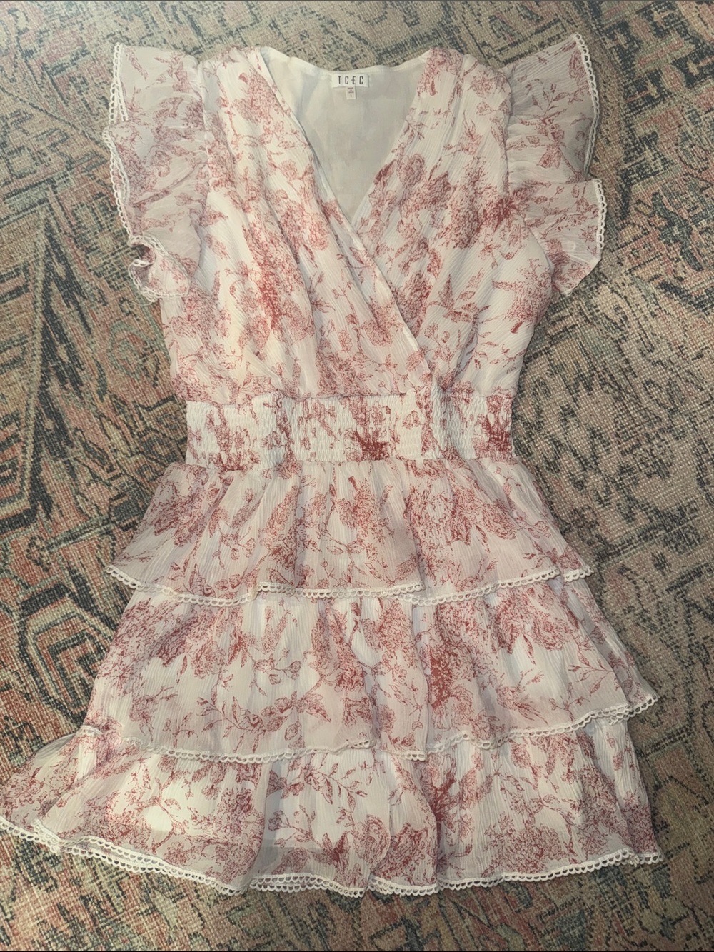 TCEC White Dress with Dusty Rose Toile Print